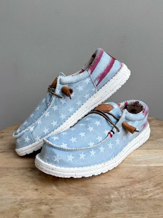 Hey Dude Wally Americana Denim Star Mens Loafers Size 9 Patriotic Slip On Stars - Picture 2 of 10